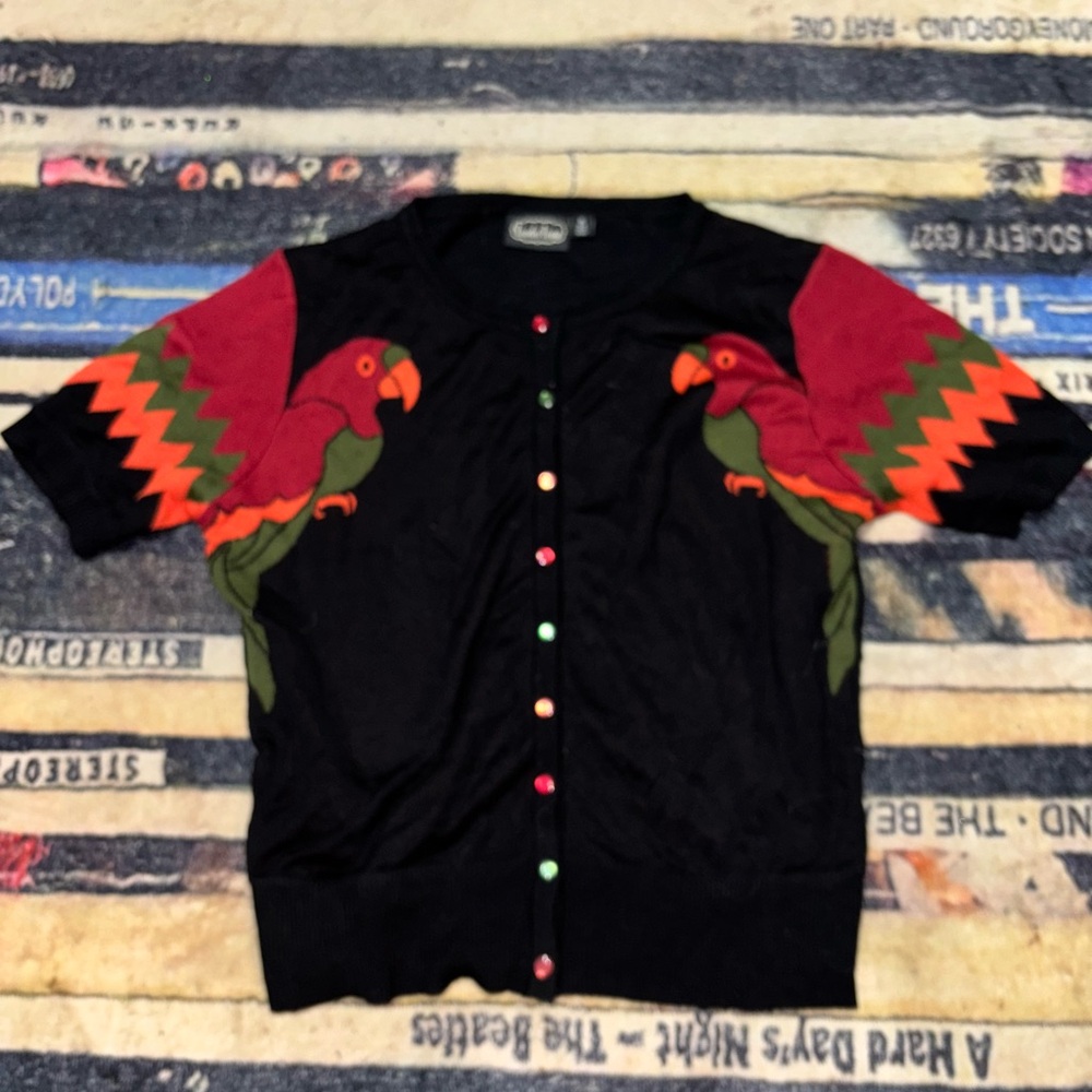 Voodoo Vixen parrot Black Cardigan with Colorful Buttons XL